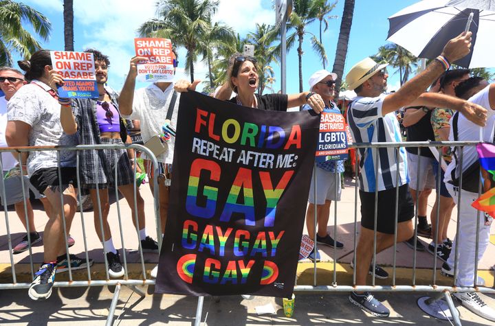 Attendees of the Miami Pride parade protest DeSantis' Parental Rights in Education law, more commonly known as the "Don't Say Gay" law.