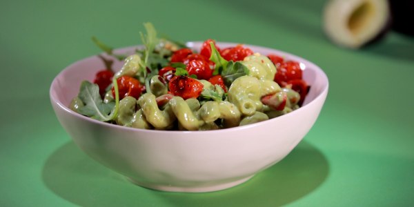 Avocado Cream Pasta with Arugula and Roasted Cherry Tomatoes