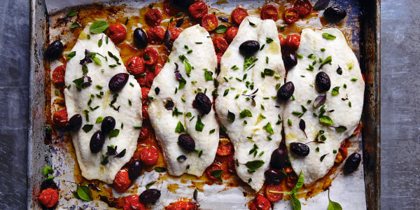 Sheet Pan Flounder with Roasted Tomatoes and Black Olives